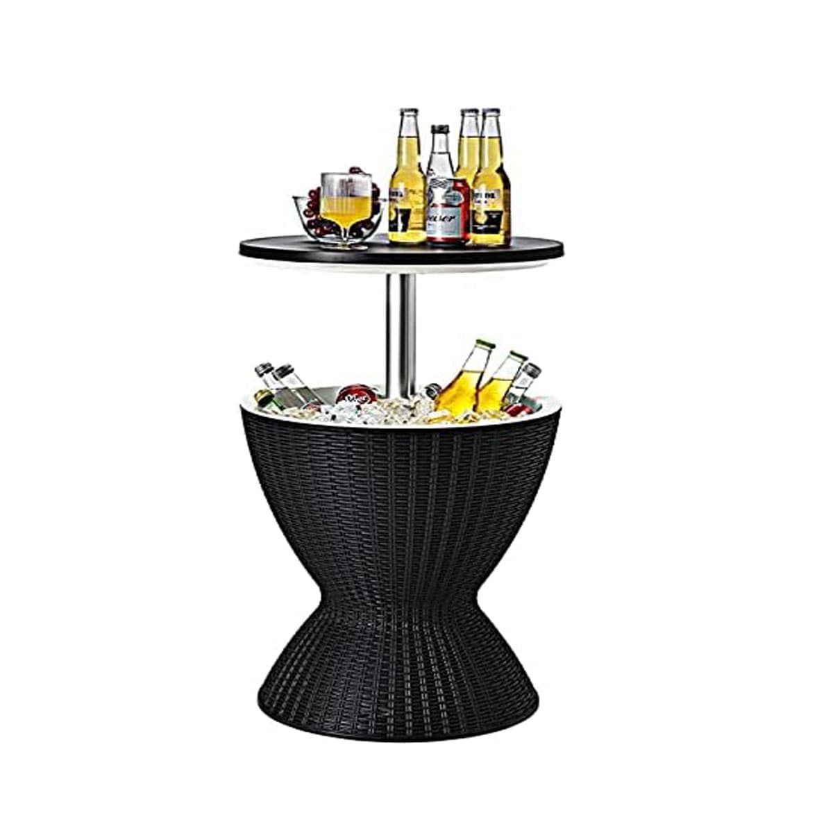 Costway30L Bar Cool Seau à Glace 3 en 1 Réglable en Hauteur avec Bouchon de VidangeTable de Refroidisseur de Glace 30L en PP et Rotin Imité Noir